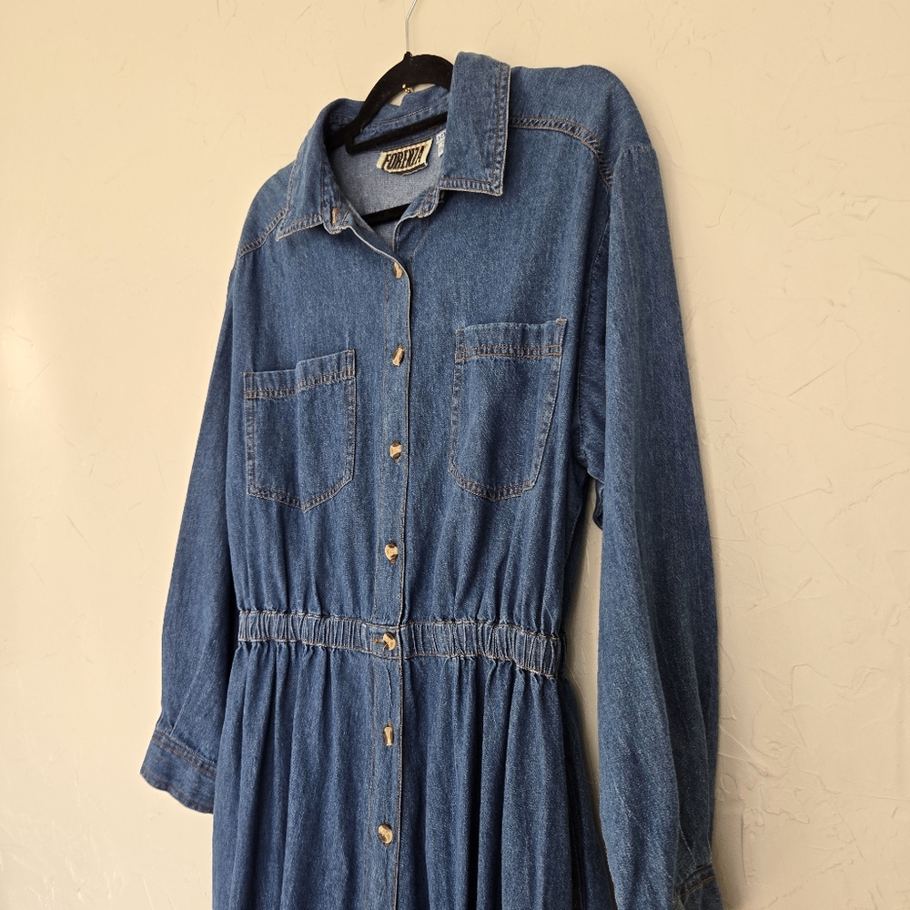 Vintage 90s Denim Jean Long Sleeve Button Front Dress - Picture 4 of 7